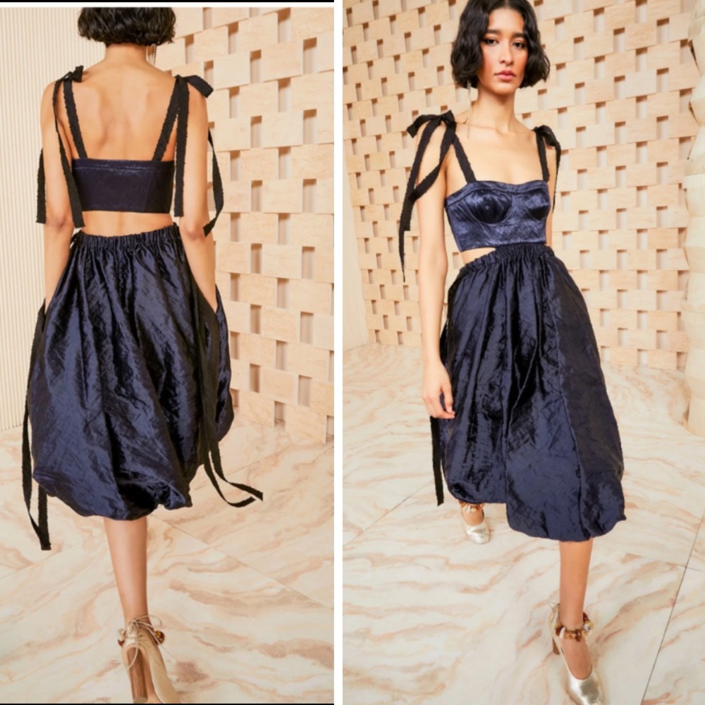 NWT Ulla Johnson Gabrielle Satin Velvet Bubble Hem Midi Dress Sapphire Sz 8 & 4